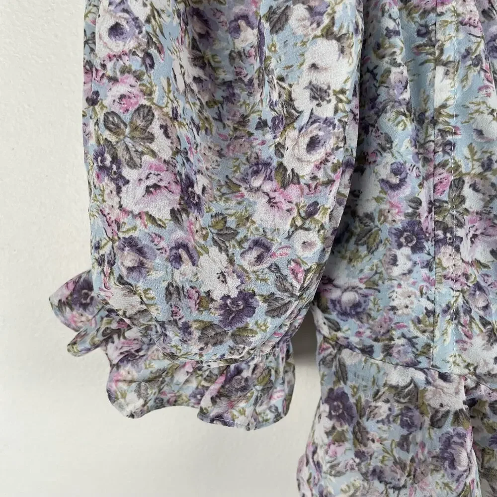 ASTR Floral Puff Sleeve Top Blue Purple Multi Size S Bustier